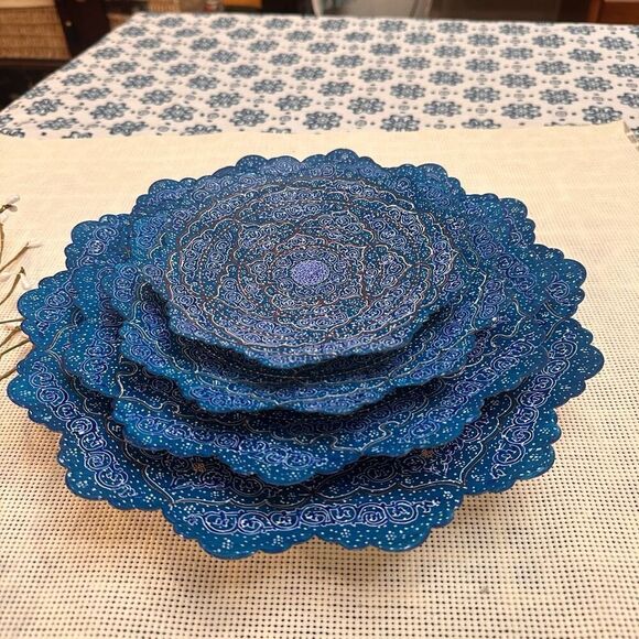Enamel Handpainted Minakari Blue Stackable Plates Wall Decor Art‎ Vintage 4 pc - Picture 1 of 10